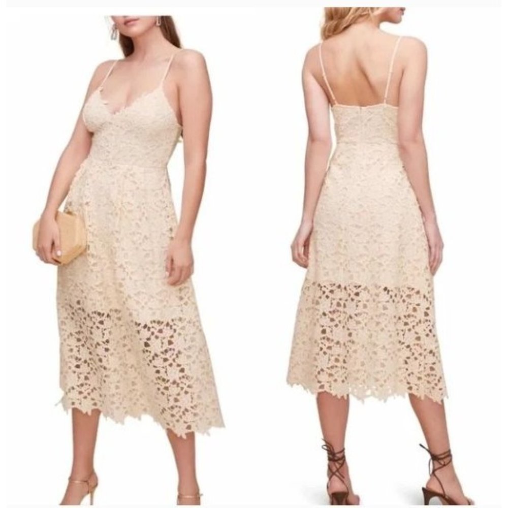 NEW ASTR Midi Dress Womens Medium Beige Lace Summer Wedding Causal Ladies $89